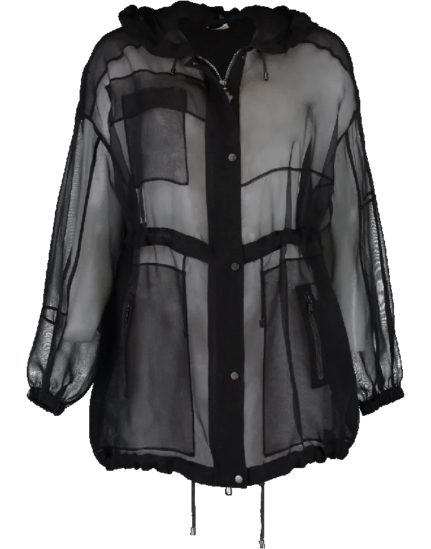 Silk Crepe Hooded Anorak Hoodie with High Neck Warm Protective