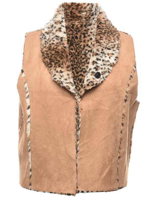 Suede Beige & Leopard Print Waistcoat - XL Chic Fleece Waistcoat Jacket