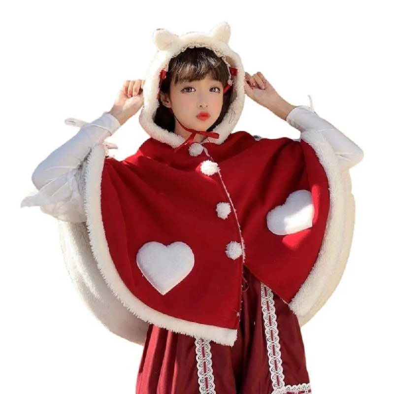 Sweet Heart Hooded Cloak with Cat Ear & Wings: Super Kawaii winter shawl with hearts Lightweight Silk Shawl Sweet Heart Hooded Cloak with Cat Ear & Wings: Super Kawaii winter shawl with hearts Lightweight Silk Shawl