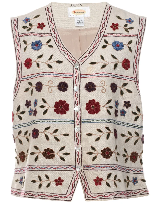 Talbots Floral Pattern 1990s Embroidered Waistcoat - L Cozy Woolen Waistcoat Vest