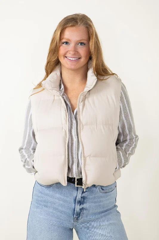 Thread & Supply Issey Cropped Puffer Vest for Women in Cream | J2691PPGTS-CREAM Chic Faux Suede Vest Thread & Supply Issey Cropped Puffer Vest for Women in Cream | J2691PPGTS-CREAM Chic Faux Suede Vest