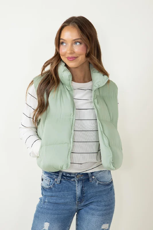 Thread & Supply Issey Cropped Puffer Vest for Women in Sage Green | J2691PPGTS-SAGE Slim Fit Vest Thread & Supply Issey Cropped Puffer Vest for Women in Sage Green | J2691PPGTS-SAGE Slim Fit Vest