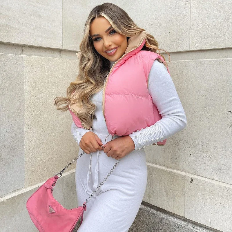 Vest winter warm waistcoats lightweight casual color block Double-sided puffer vest stand collar womens down vest Trendy Zip-Up Waistcoat Jacket