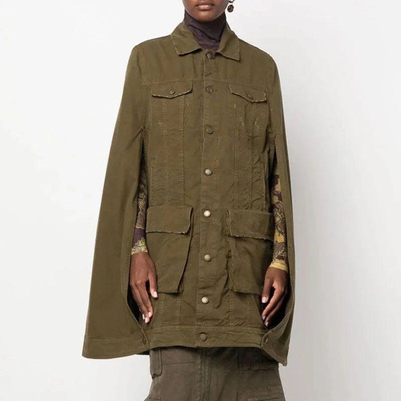 Vintage Oversized Single Breasted Cargo Pocket Long Cape Distressed Denim Coat Tailored Straight A-Line Vintage Oversized Single Breasted Cargo Pocket Long Cape Distressed Denim Coat Tailored Straight A-Line