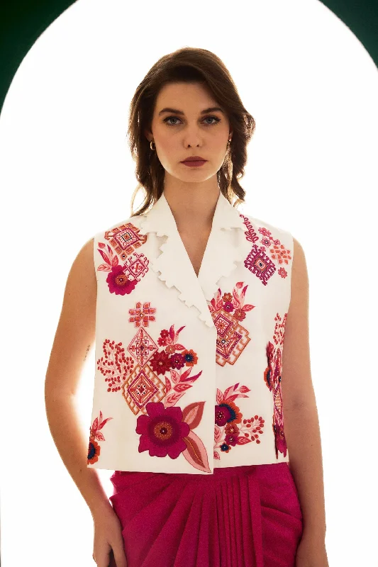White Embroidered Linen Auspicious Waistcoat Elegant Longline Waistcoat Vest