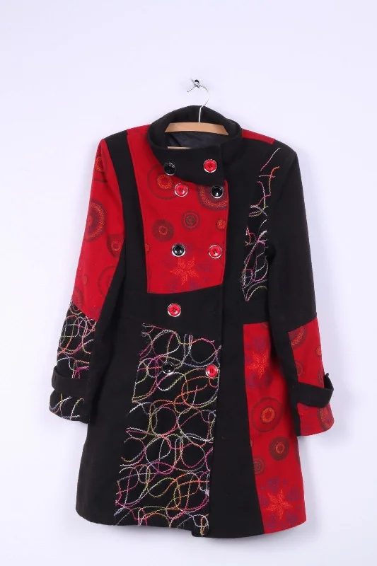 Women's S Coat Black Red Embroidered Big Buttons Fitted Spring Top Boat Shawl Notched Women's S Coat Black Red Embroidered Big Buttons Fitted Spring Top Boat Shawl Notched