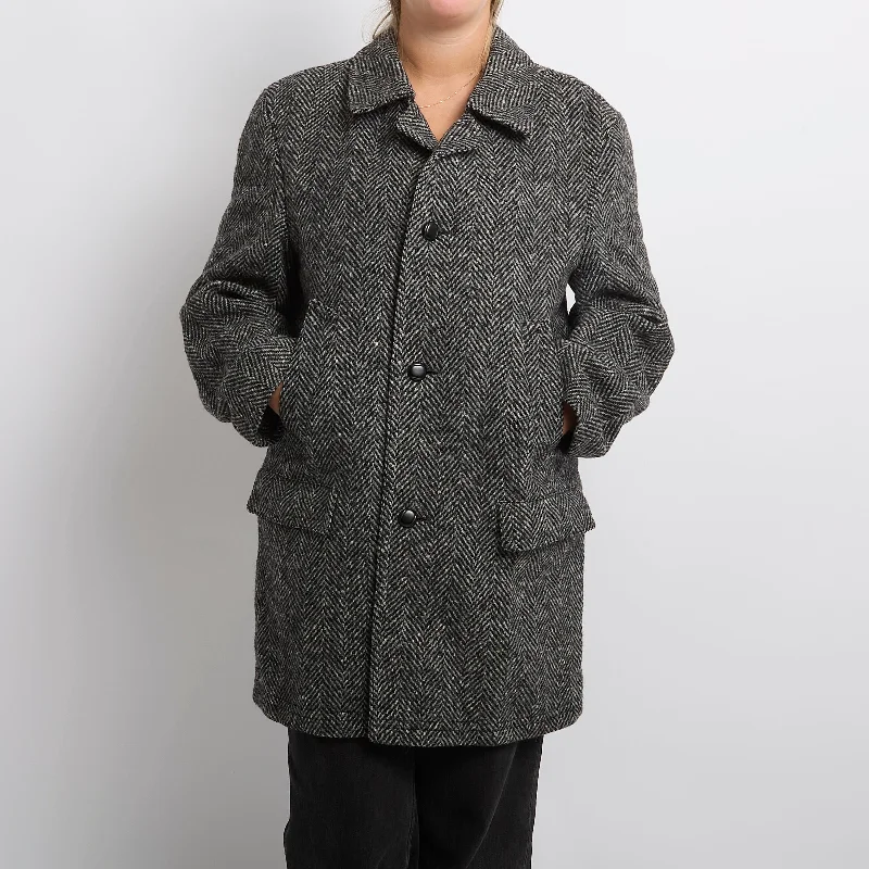 Herringbone Wool Mix Coat - UK 14 Square Neck One-Shoulder Off-the-Shoulder