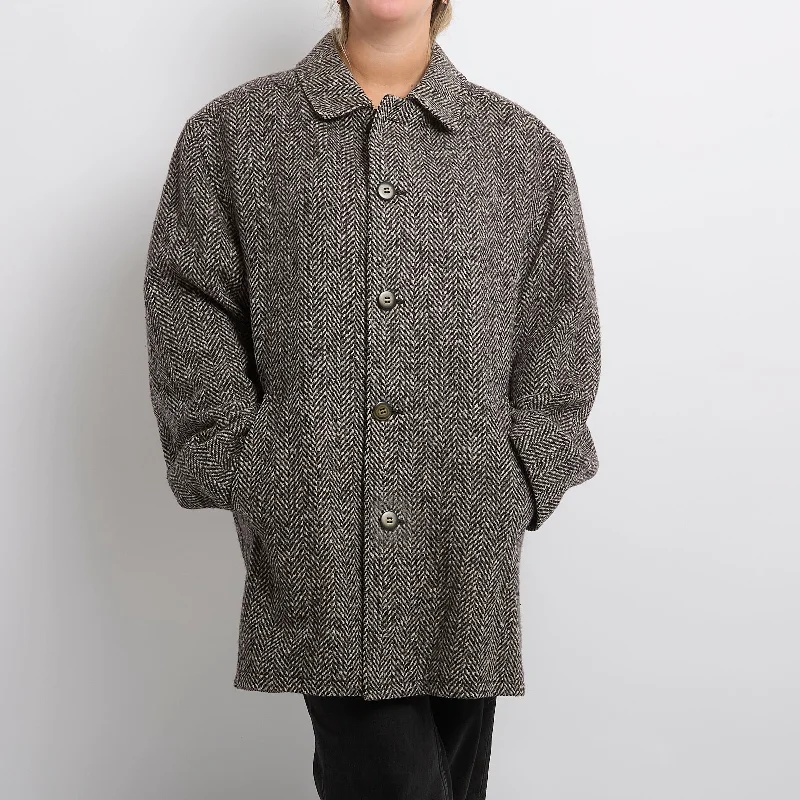 Herringbone Wool Mix Coat - UK 16 Asymmetrical Collar Hooded Zippered