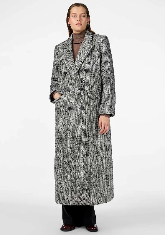 Y.A.S Petro Herringbone Long Coat, Grey Multi Knit Woven Fleece