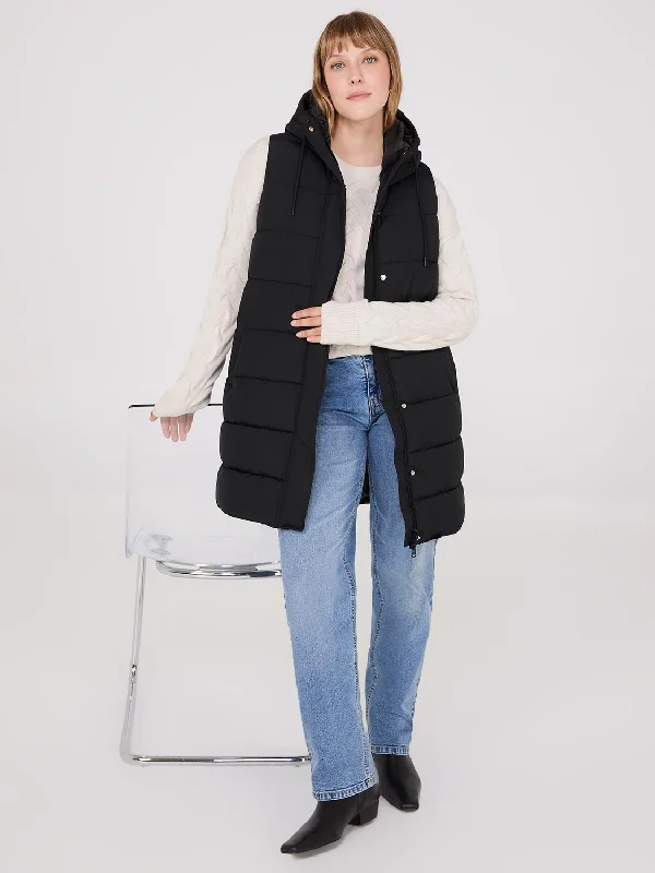 Long Hooded Puffer Vest Turtleneck Knit Vest