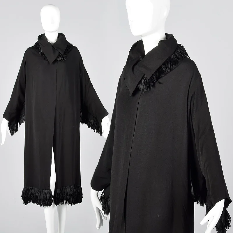 1920s Black Silk Flapper Coat with Fringe Trim Pleated Ruffled tiered