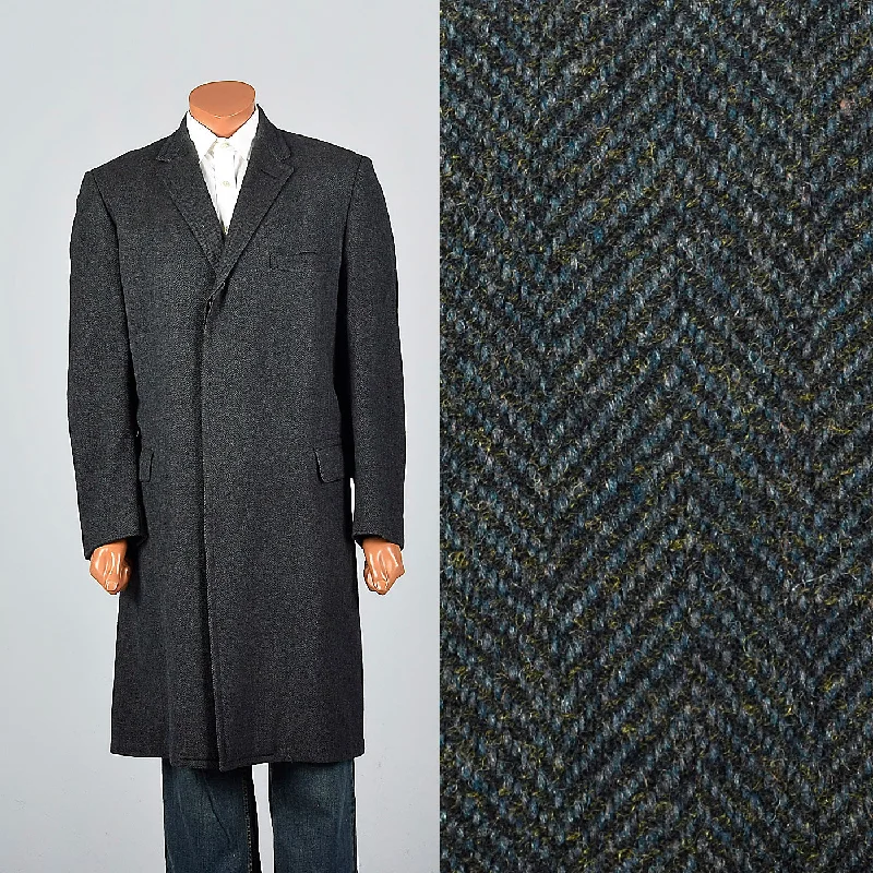 1960s Dark Green Herringbone Tweed Long Coat Herringbone Houndstooth Plaid