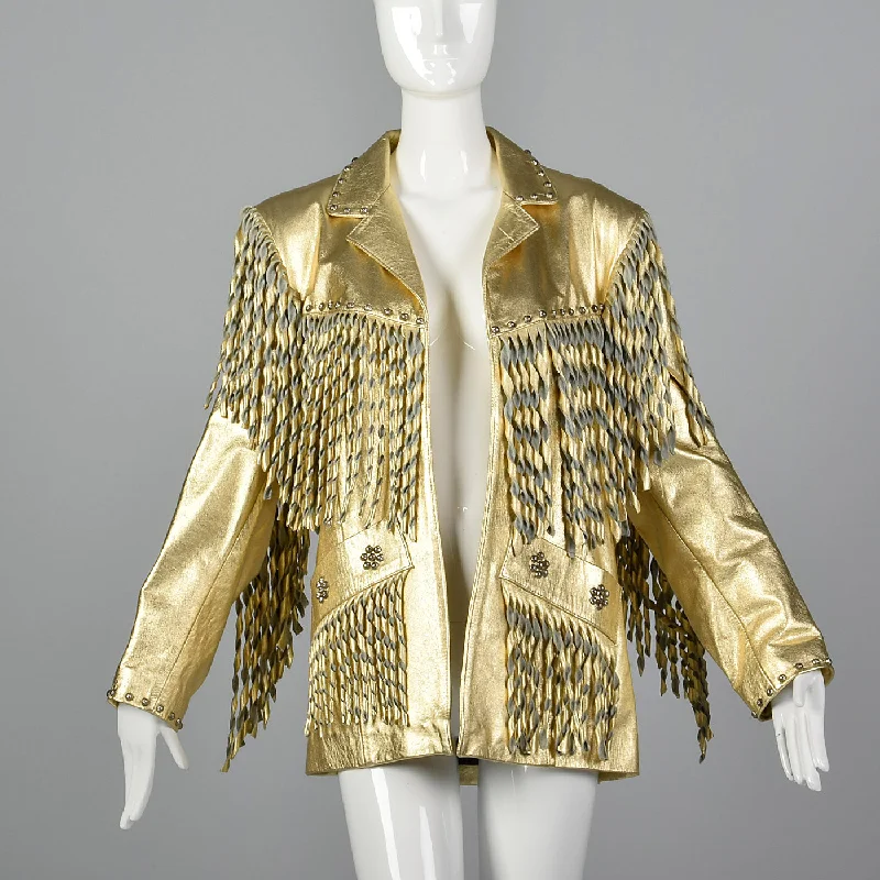 1980s Metallic Gold Leather Coat with Fringe Trim Solid Print Jacquard