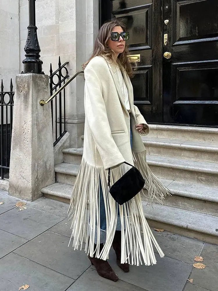 Stylish and Warm Women's Wool Coat with Tassel Fringe Trench Wool Cashmere