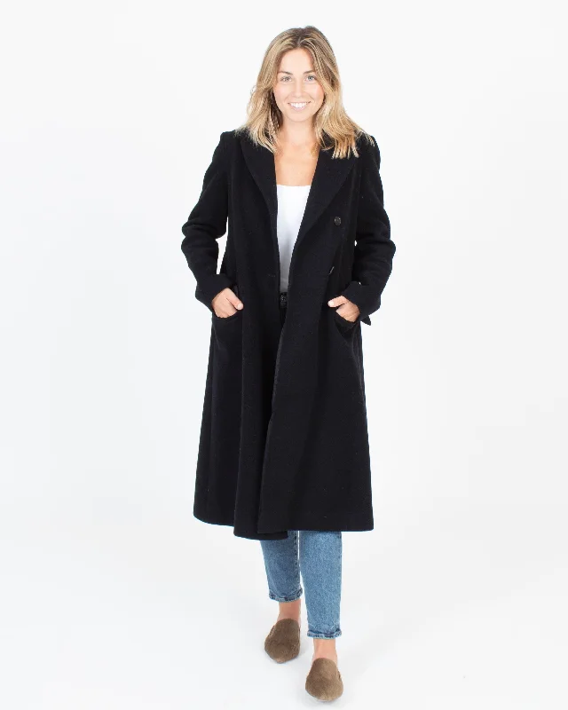 Black Wool Peacoat Tie-Waist Belted Drawstring
