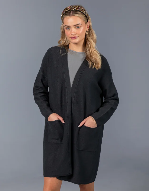 Boiled Wool Coat with Pockets in Dark Grey Cardigan Sweater Pullover