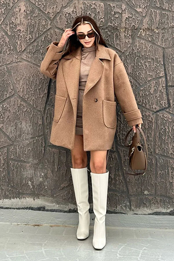 By Gecce Women's Camel Sleeve Detailed Double Pocket Lined Cashmere Coat Bolero Crop Top Camisole By Gecce Women's Camel Sleeve Detailed Double Pocket Lined Cashmere Coat Bolero Crop Top Camisole