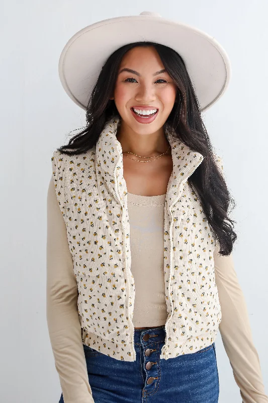 Charming Comfort Cream Floral Corduroy Puffer Vest Fleece-Lined Vest