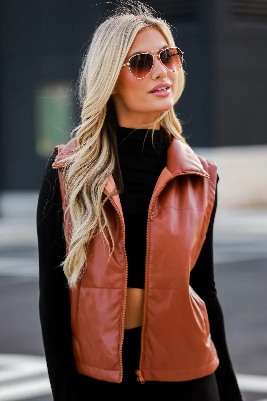 FINAL SALE - Coolest Demeanor Camel Leather Puffer Vest Belted Waist Vest