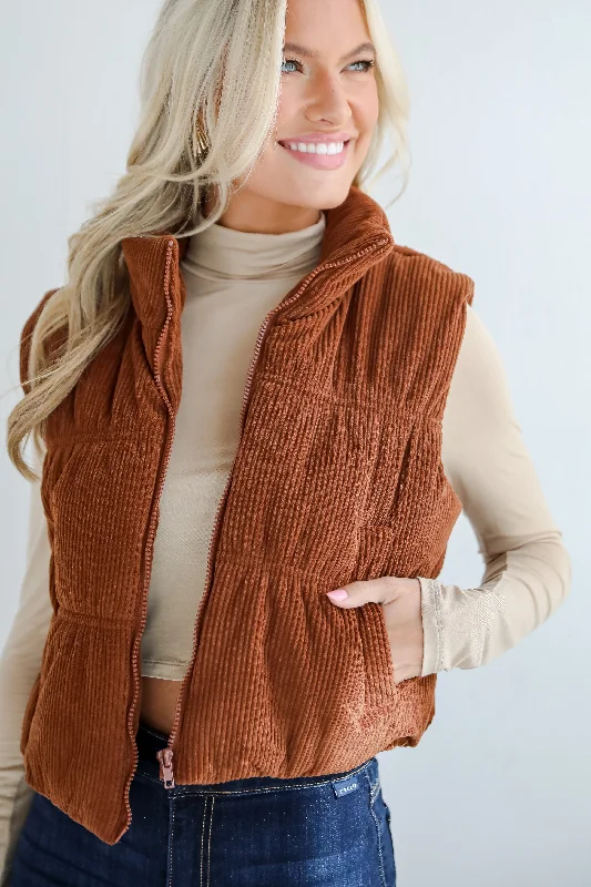 Cozy Being Camel Corduroy Puffer Vest Warm Hooded Vest
