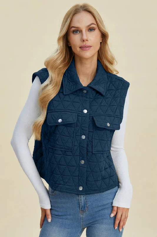 Double Take Full Size Pocketed Texture Snap Down Vest Coat Office Blazer Vest
