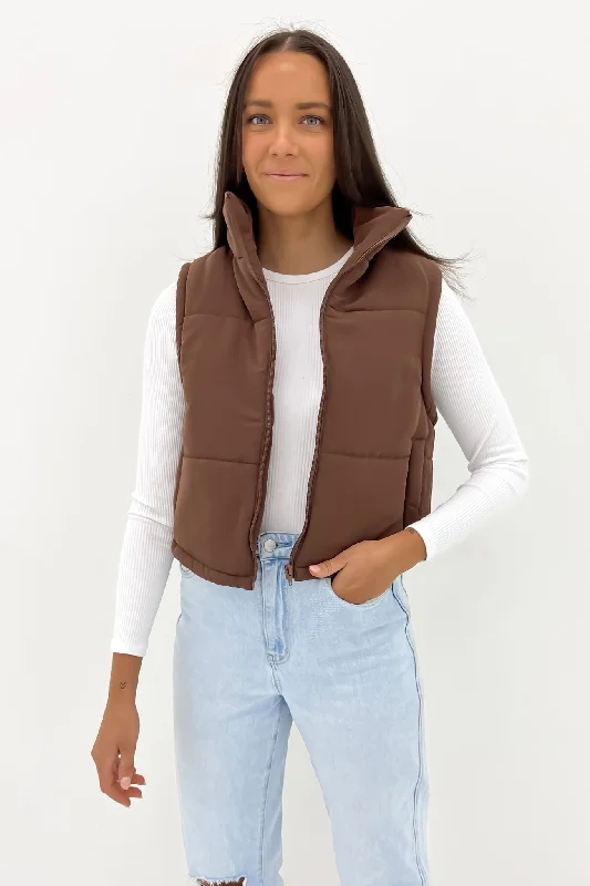 Ella Cropped Puffer Vest Brown Plaid Sherpa Vest