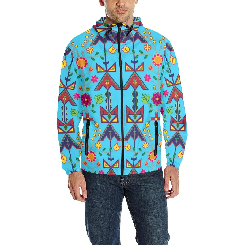 Geometric Floral Spring-SKy Blue Unisex Quilted Coat Denim Leather Suede