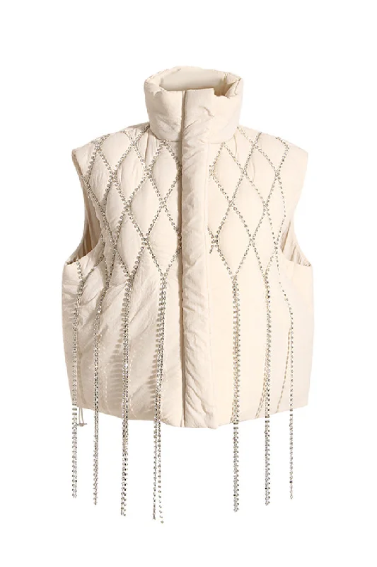 Glittering High Neck Sleeveless Rhinestone Fringe Quilted Down Puffer Vest Reversible Cozy Vest