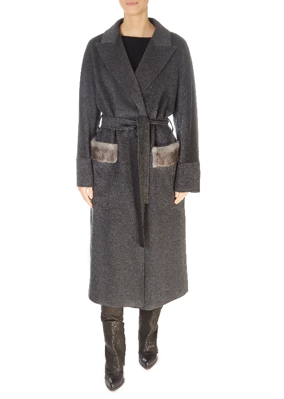 Grey Belted Wool Coat With Mink Pocket Trim Buttoned Zippered Snapped