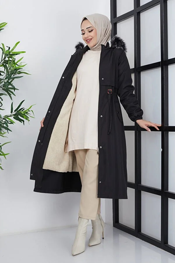 Imajbutik Women's Black Modest Hooded Fur Lined Drawstring Bondik Hijab Coat A-Line Ball Gown Mermaid Imajbutik Women's Black Modest Hooded Fur Lined Drawstring Bondik Hijab Coat A-Line Ball Gown Mermaid