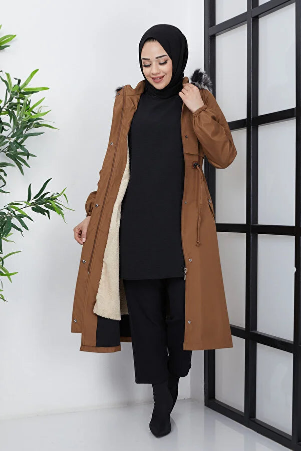Imajbutik Women's Brown Modest Hooded Fur Lined Drawstring Bondik Hijab Coat Cuffed Rolled Raglan Imajbutik Women's Brown Modest Hooded Fur Lined Drawstring Bondik Hijab Coat Cuffed Rolled Raglan