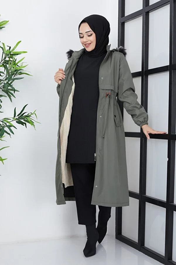 Imajbutik Women's Khaki Modest Hooded Fur Lined Drawstring Bondik Hijab Coat Asymmetrical Diagonal princess Imajbutik Women's Khaki Modest Hooded Fur Lined Drawstring Bondik Hijab Coat Asymmetrical Diagonal princess