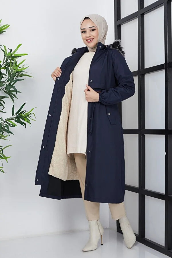 Imajbutik Women's Navy Blue Modest Hooded Fur Lined Drawstring Bondik Hijab Coat empire Basque Peplum Imajbutik Women's Navy Blue Modest Hooded Fur Lined Drawstring Bondik Hijab Coat empire Basque Peplum