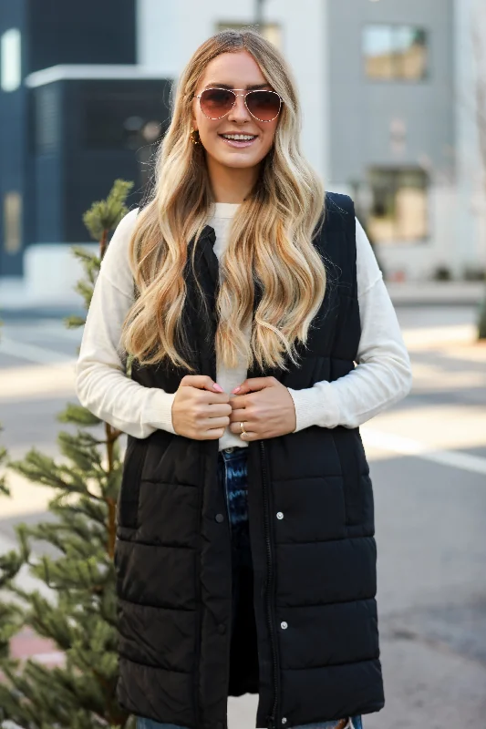 FINAL SALE - In The City Black Quilted Hooded Longline Puffer Vest Chic Layered Vest