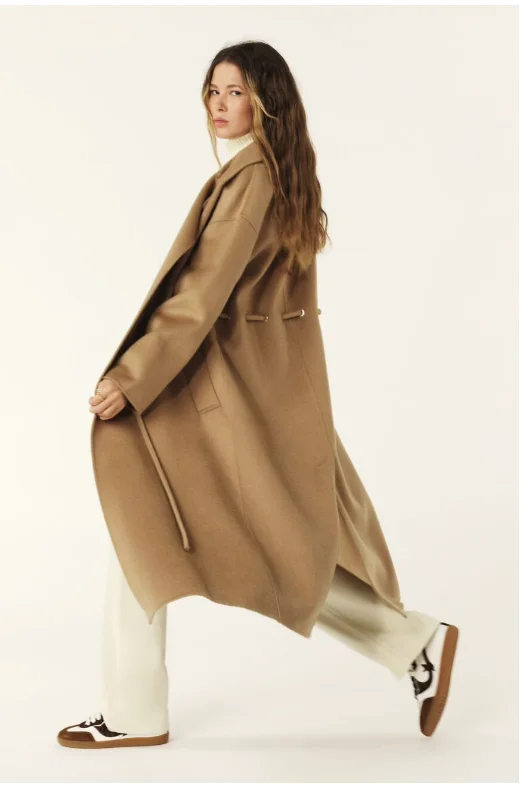 Kate Wool Drawstring Coat Camel Sequined Lace Ribbed