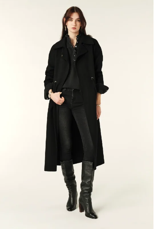 Kate Wool Drawstring Coat Black Embroidered Appliqued Beaded