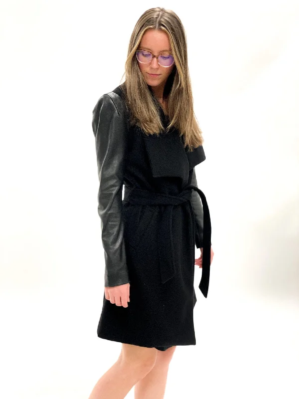 Leather Accent Black Peacoat Pockets Sleeves Lining
