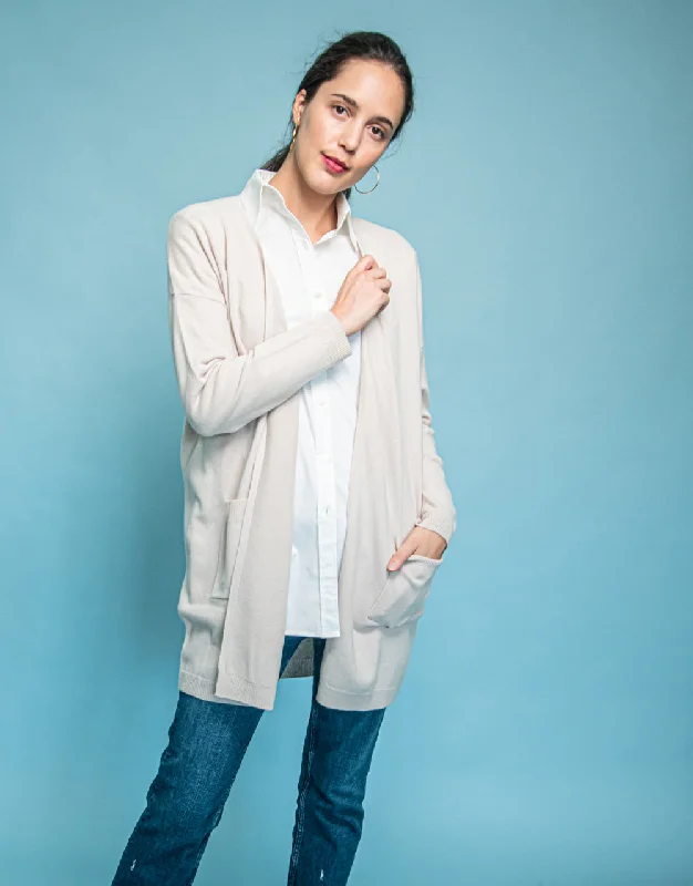 Long Coat with Pockets in Cream Bomber Denim Leather