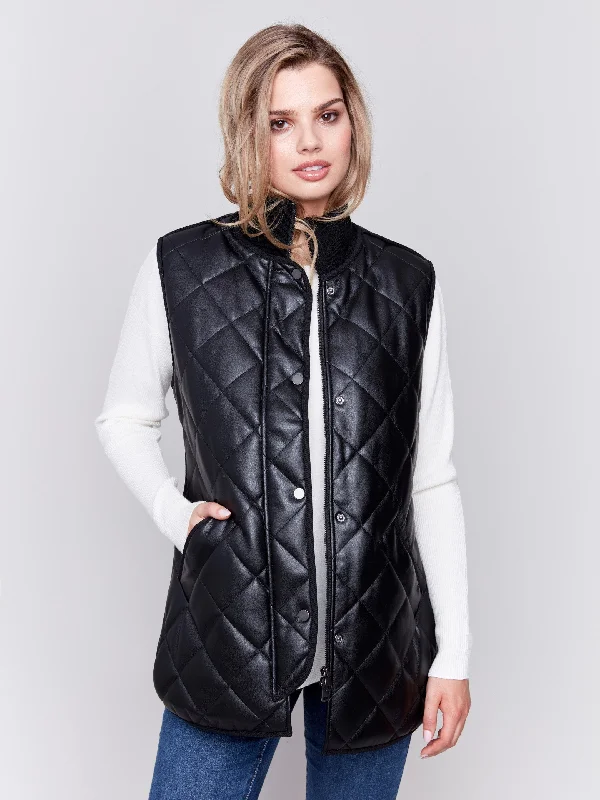 Long Quilted Faux Leather Vest - Black Street Style Vest