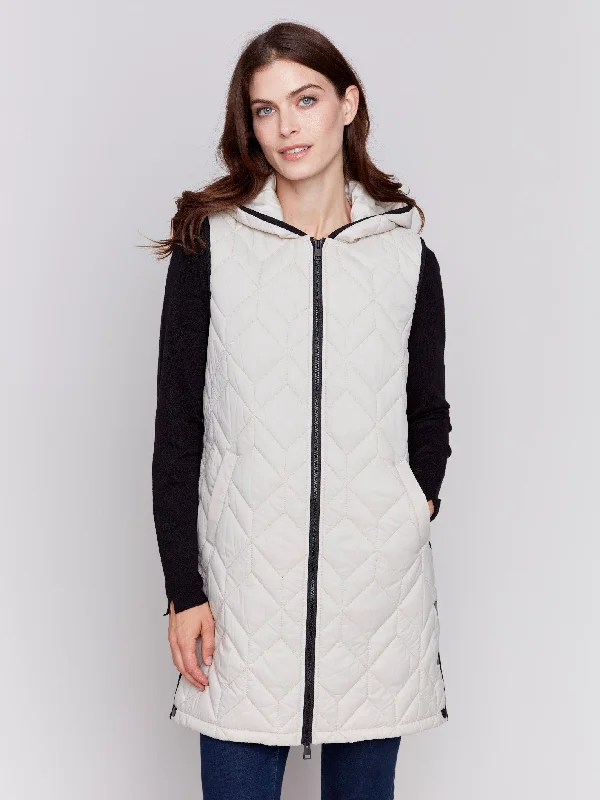 Long Quilted Puffer Vest with Hood - Almond Winter Layering Vest