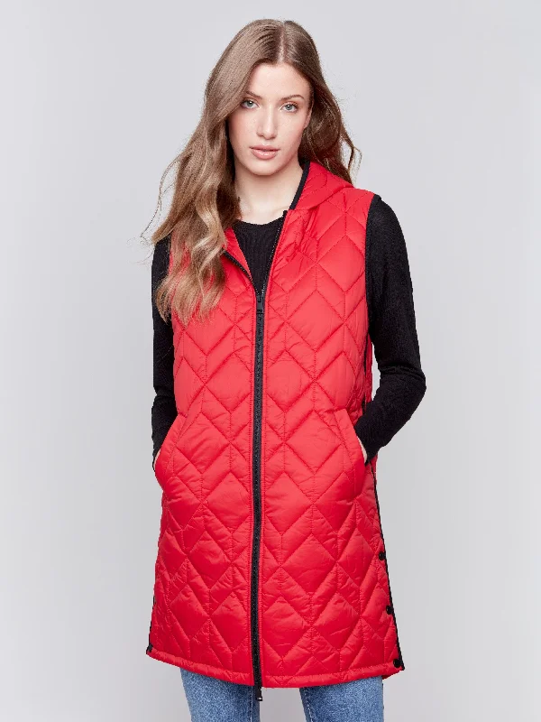 Long Quilted Puffer Vest with Hood - Cranberry Classic Wool Vest