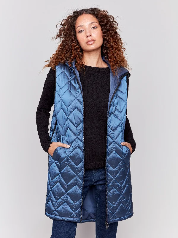 Long Quilted Puffer Vest with Hood - Glacier Timeless Casual Vest