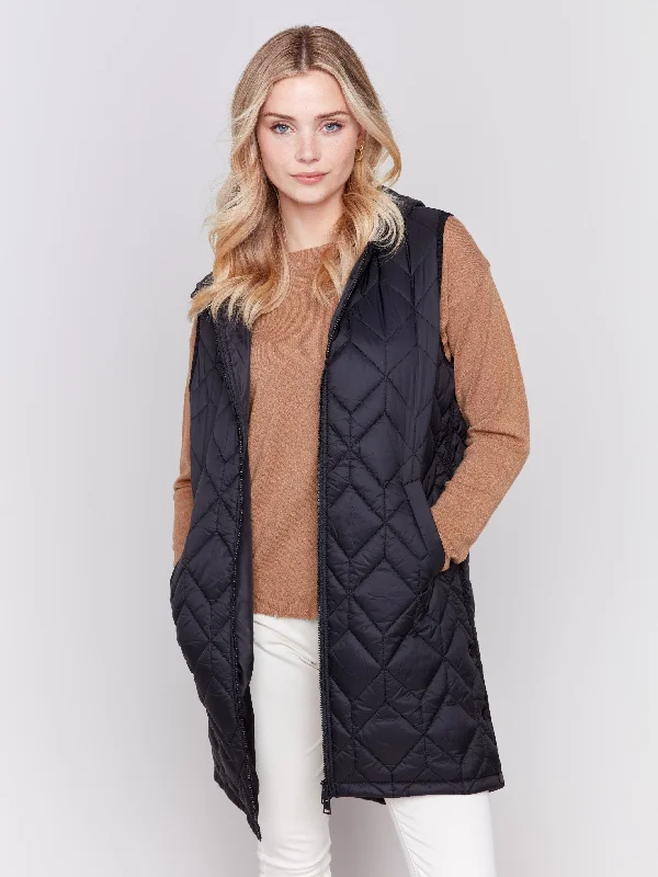 Long Quilted Puffer Vest with Hood - Black Elegant Slim Fit Vest