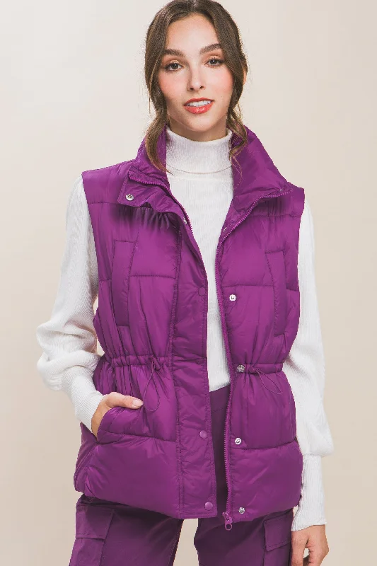 Zip Up Button Puffer Vest With Waist Toggles Pastel Wool Vest