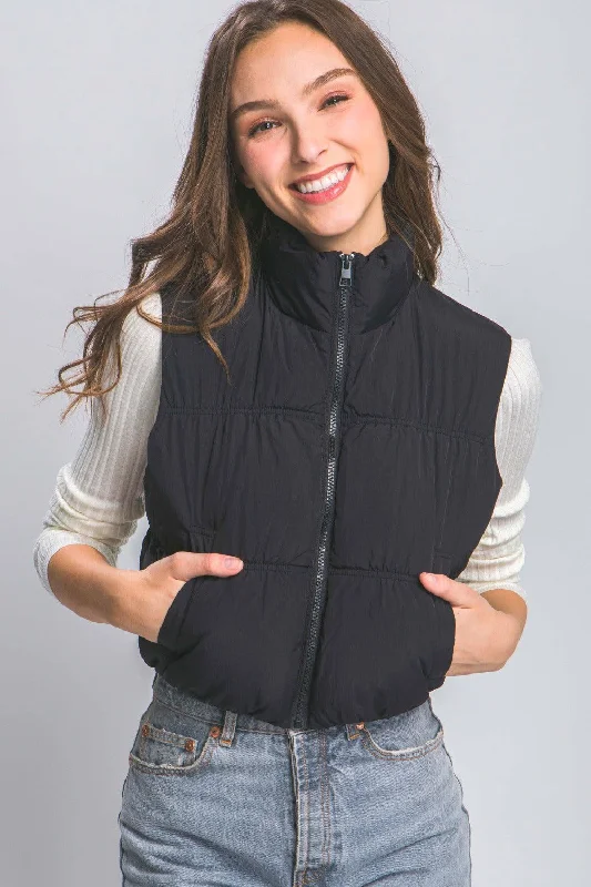 Love Tree Zip Up Turtleneck Cropped Vest Coat In Black Suede Fringe Vest