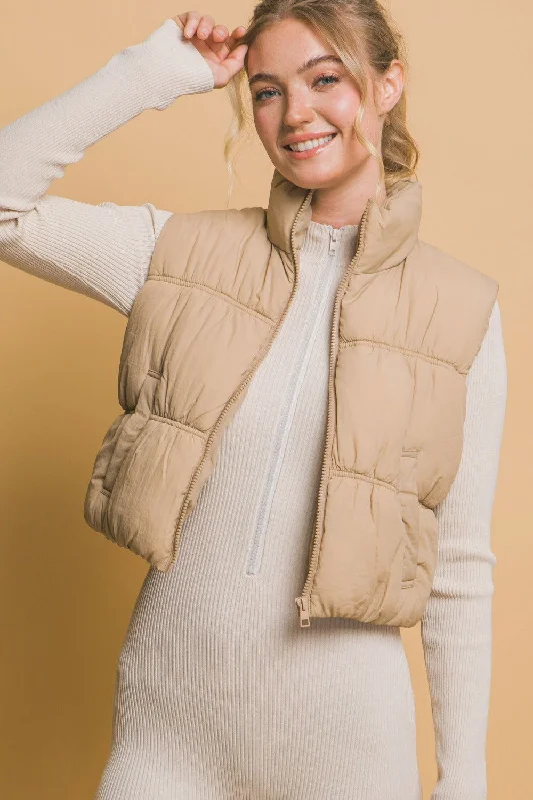 Love Tree Zip Up Turtleneck Cropped Vest Coat In Khaki Soft Ribbed Vest