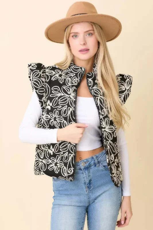 Floral Velvet Embroidered Denim Puffer Vest Fuzzy Layered Vest