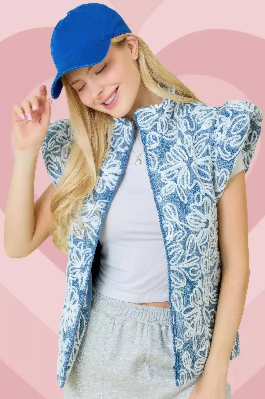 Floral Velvet Embroidered Denim Puffer Vest Zip-Front Sport Vest