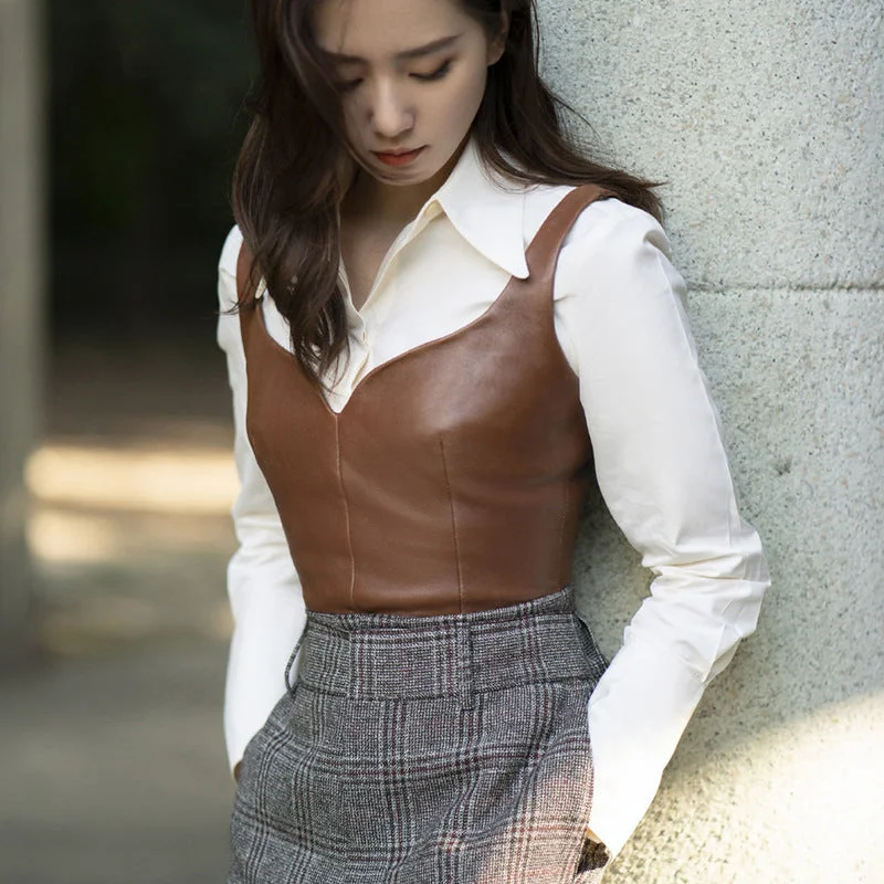 Outer Wear Genuine Leather Small Sling Vest Coat Houndstooth Pattern Vest