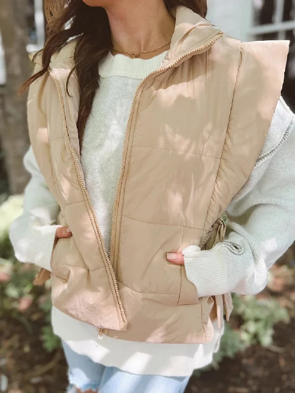 Cozy Parchment Sleeveless Puffer Vest with Side Knot Detail Fur-Trimmed Vest Coat